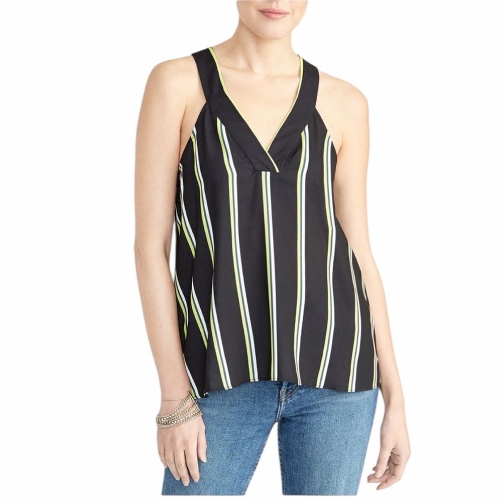 Rachel Roy Black & Lime Green Edina Striped Racerback Tank Top - Size Large